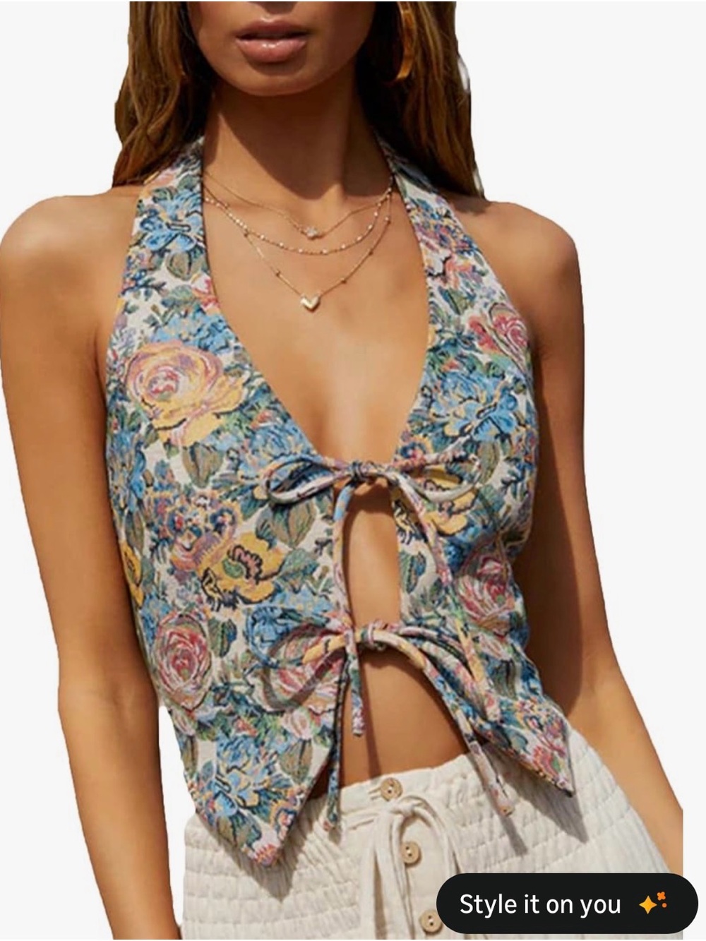 Women Tie Front Vest Y2k Flower Print Halter Tank Crop Tops 90’s Medium